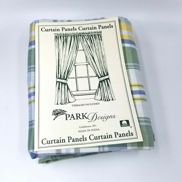 Park Designs Veranda 61" Curtain Panels Rod Pocket Cotton Blue Yellow Plaid - Picture 2 of 4